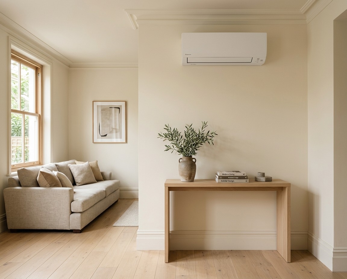 Warm modern living room with a wall-mounted air conditioning unit