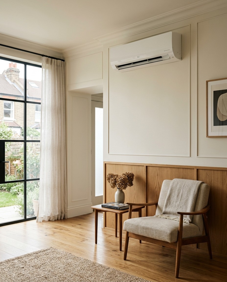 Living room with a wall-mounted air conditioning unit